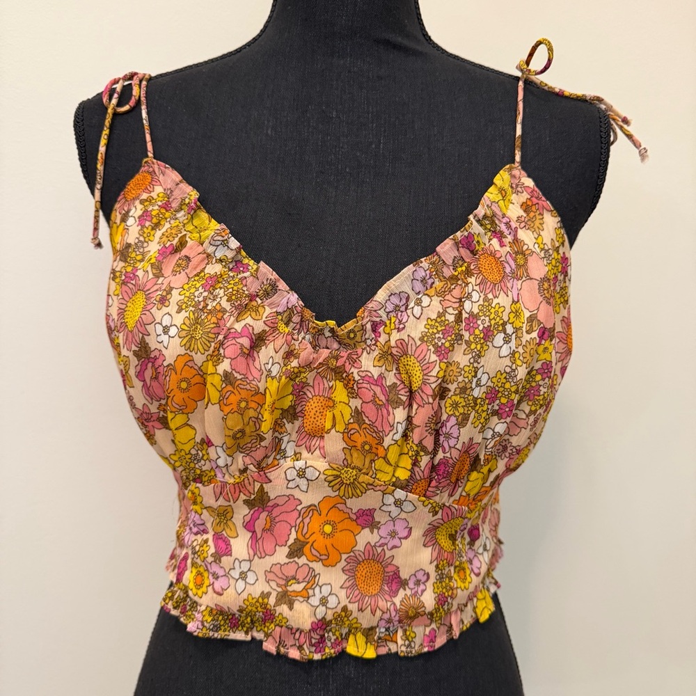 Patrons of Peace Womens M Floral Camisole Crop Top Boho Retro 70s Bow Strap Pink